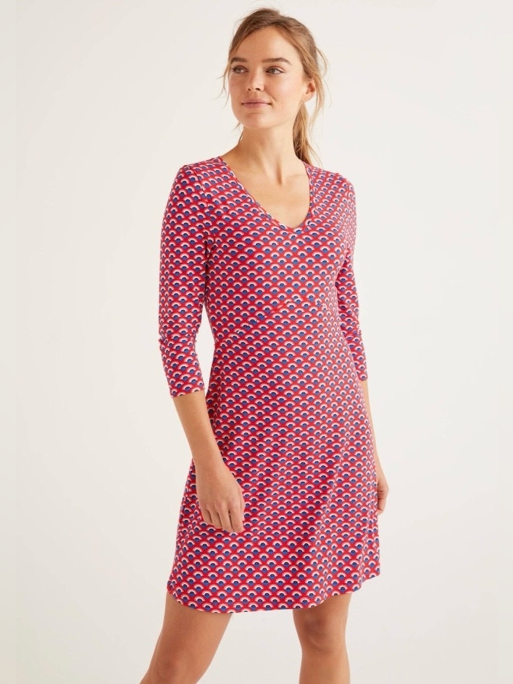 Boden Tory Jersey Dress Red Blue Geometric Print V-Neck 3/4 Sleeve US 8L
